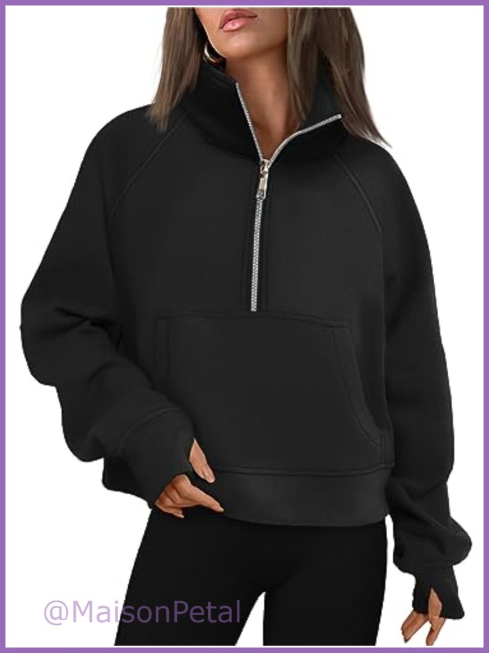 Half Zip Fleece Pullover Sweatshirt with Thumb Holes Kangaroo Pocket